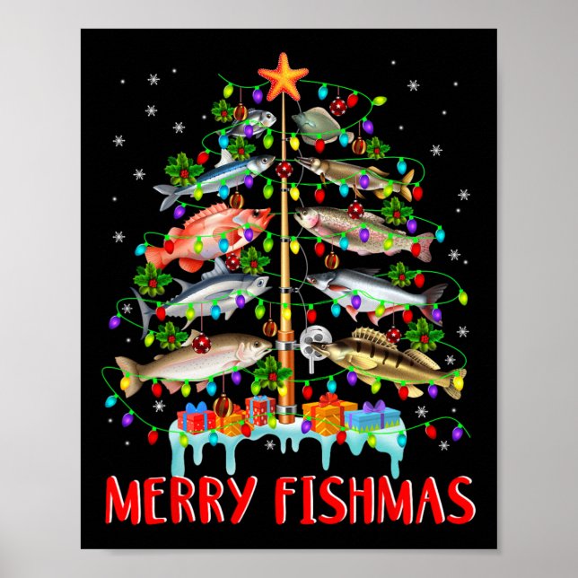 Poster Feliz Fishmas Engraçado Árvore de Natal Luzes de P (Frente)