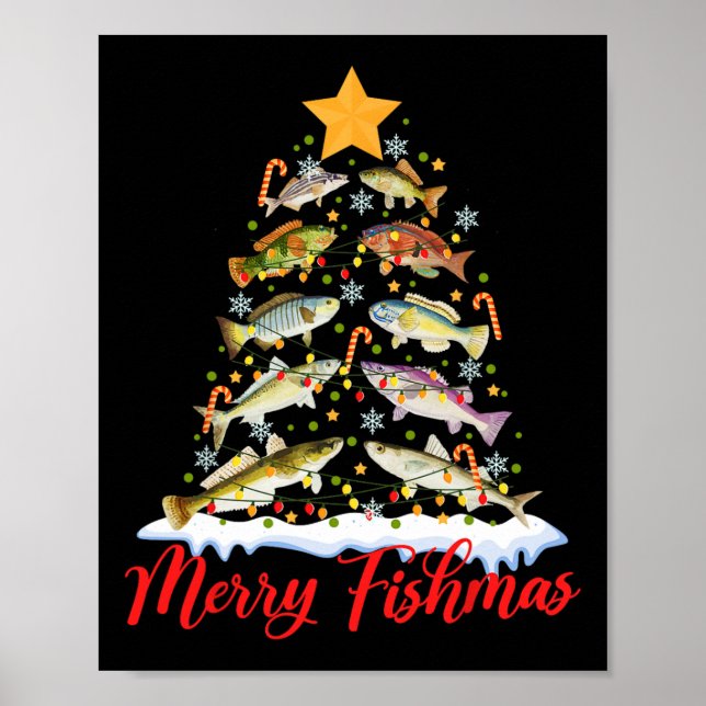 Poster Feliz Fishmas Engraçado Árvore de Natal Luzes de P (Frente)