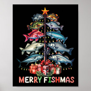 Poster Feliz Fishmas Luzes Divertidas de Árvore de Natal