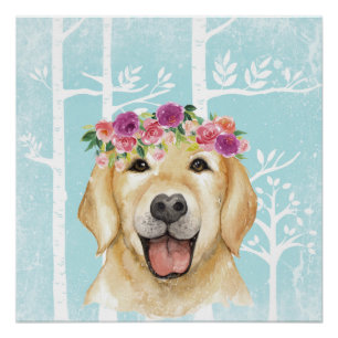 Pôster Feliz Flor Animal na Floresta Azul - Retriever Cac