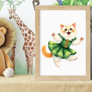 Poster Feliz Gatinho Laranja em Vestido Verde Celta Dança