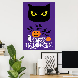 Poster Feliz gato preto de Halloween, abóboras de abóbora