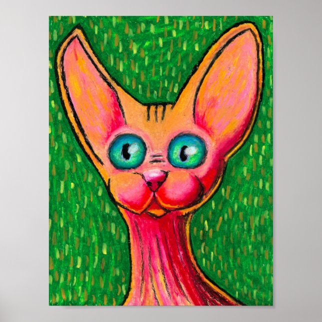 Poster Feliz Gato Sem Cabelo em Pastel de Óleo em Verde (Frente)