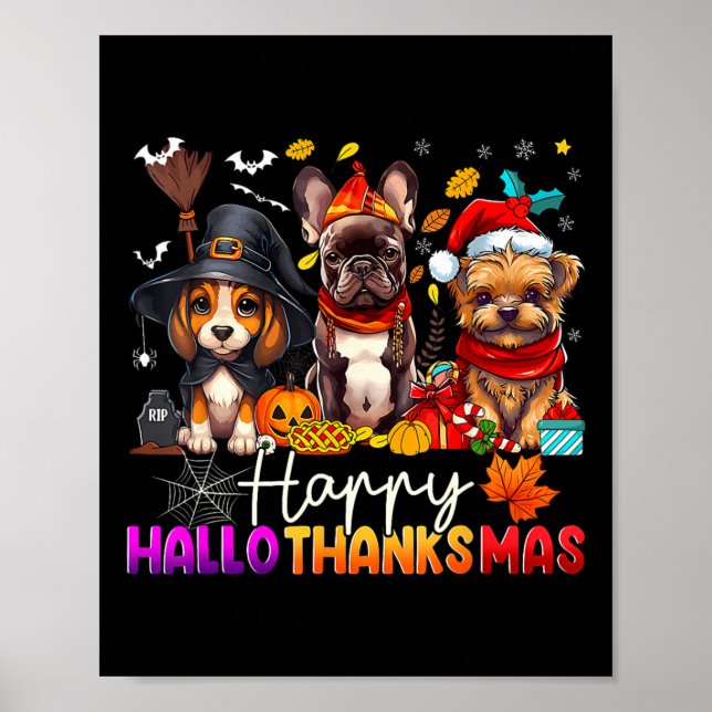 Poster Feliz Hallothanksmas Cães de Halloween Ação de Gra (Frente)