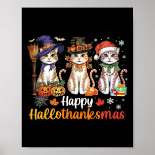 Poster Feliz Hallothanksmas Gatos Halloween Dia de Ação d