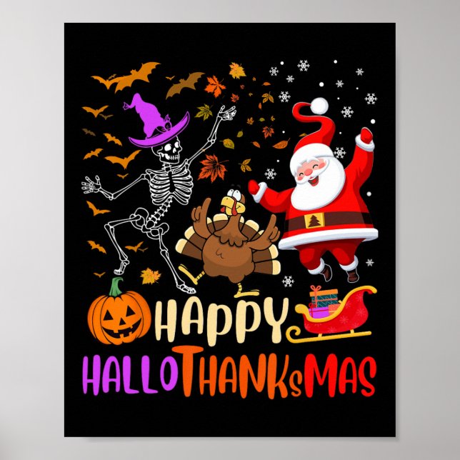 Poster Feliz Hallothanksmas Skeleton Pumpkin Papais noeis (Frente)