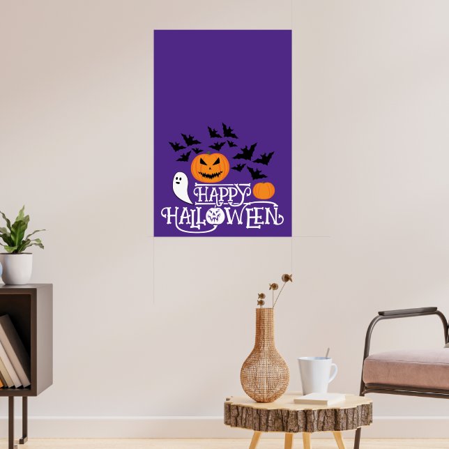 Poster Feliz Halloween abóboras fantasma morcegos texto r (Sala de Estar 3)