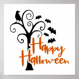 Poster Feliz Halloween Árvore Morta Laranja Preta Morcego