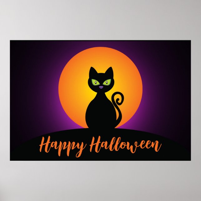 Poster Feliz Halloween Black Cat and Moon (Frente)