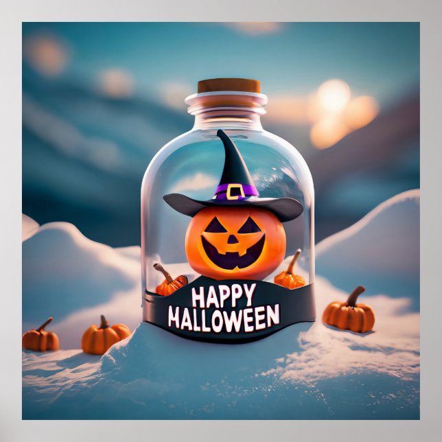 Poster Feliz Halloween, bruxa fofa e abóbora (Frente)