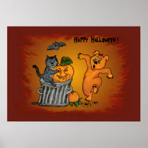Pôster Feliz Halloween com Gato Morcego Cão e Aranha