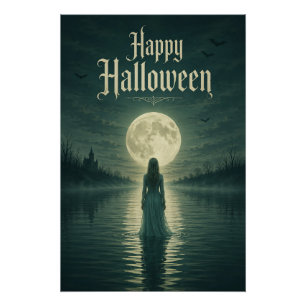 Pôster Feliz Halloween Etéreo Silhueta da Luz da Lua Góti