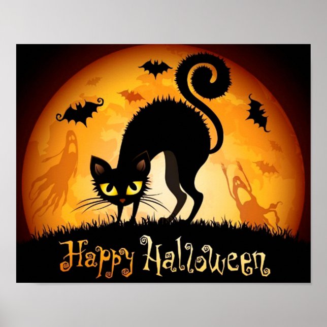 Poster Feliz Halloween Gato Negro Louco (Frente)