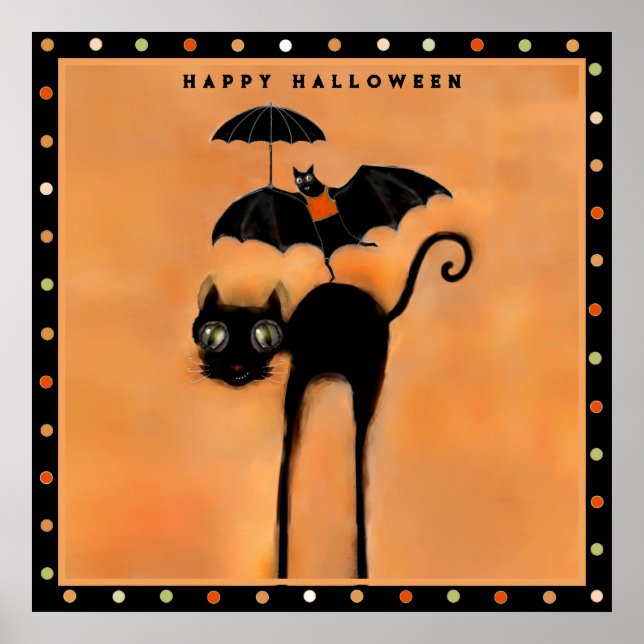 Poster Feliz Halloween Gato Preto e Acrobata (Frente)