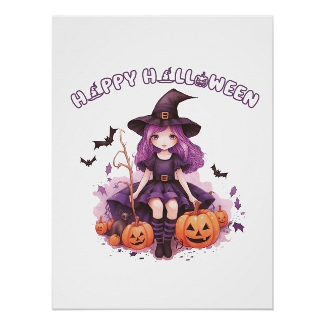 Pôster Feliz Halloween Roxo Bruxas Pumpkins & Bats (Frente)