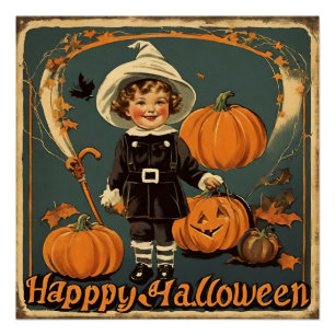 Pôster Feliz Halloween Vintage Child and Pumpkins