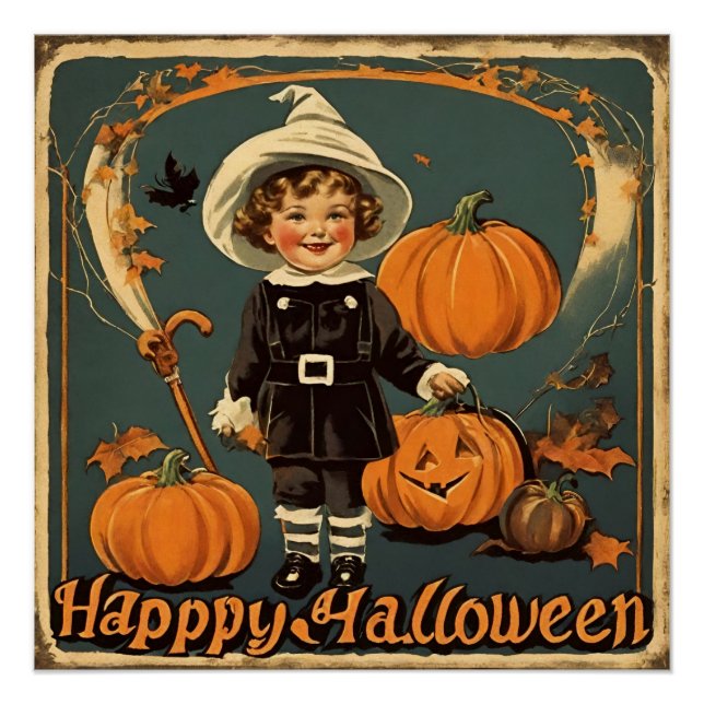 Pôster Feliz Halloween Vintage Child and Pumpkins (Frente)