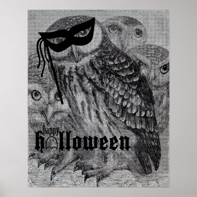 Pôster Feliz Halloween Vintage Owl (Frente)