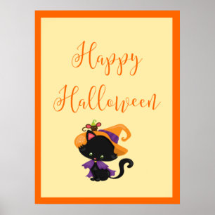 Poster Feliz Halloween Witten Kitten Orange Border