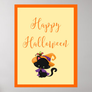 Poster Feliz Halloween Witten Kitten Orange Border