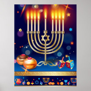 Poster Feliz Hanukkah Dourado Menorah Lights Art