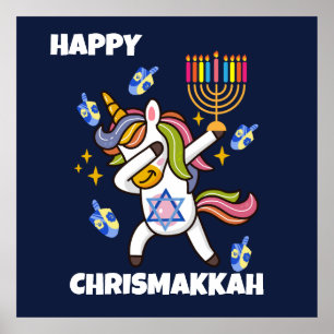 Poster Feliz Hanukkah, um unicórnio engraçado