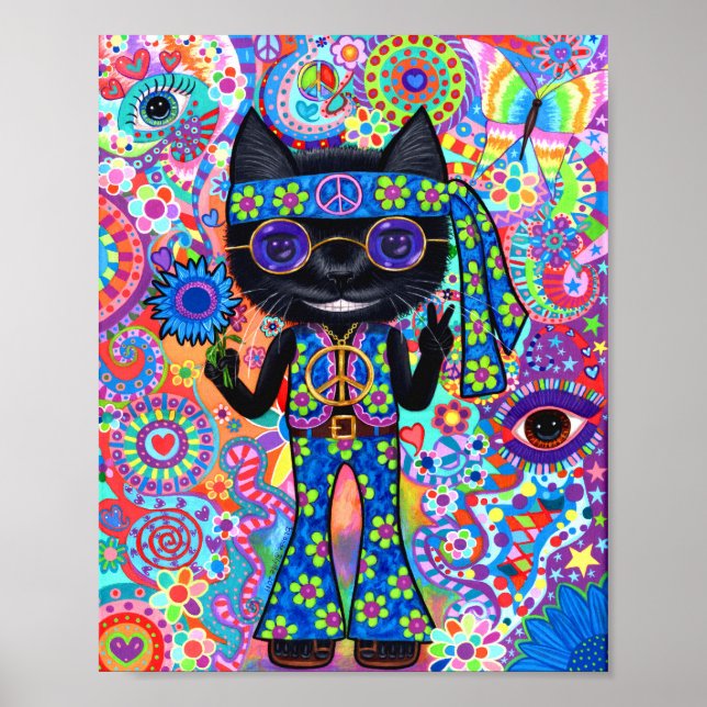 Poster Feliz Hippie Cat Sinal de Paz Óculos Roxos de Sol  (Frente)
