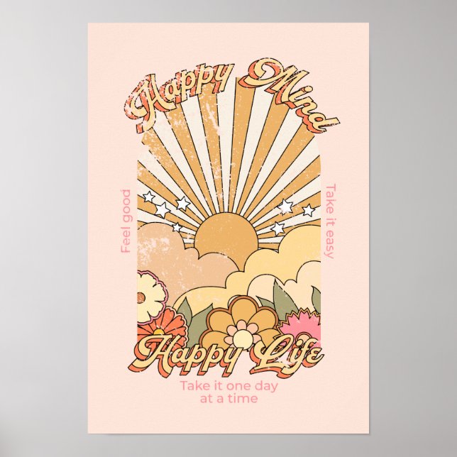 Poster Feliz Mente Feliz Vida Hippy Groovy Vibes (Frente)