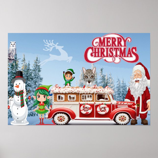 Poster Feliz Natal (A Christmas Scene with a snowman and Santa Claus.)