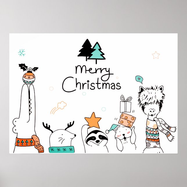 Poster Feliz Natal - Animais de Cartoon | Feriados (Frente)