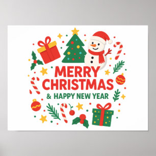 Poster Feliz Natal & Ano Novo Boneco de neve & árvore