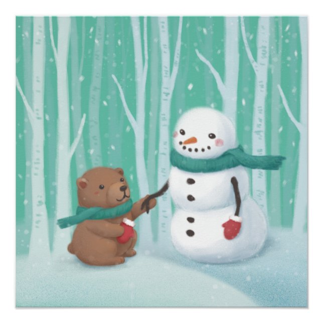 Pôster Feliz Natal: Arte de Ilustração de Neve e Urso (Frente)