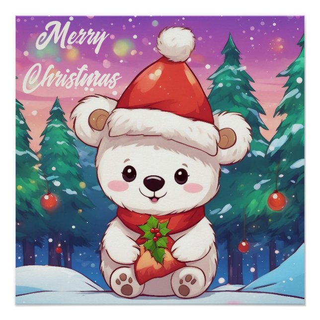 Pôster Feliz Natal Bebê Polar Urso Branco (Frente)