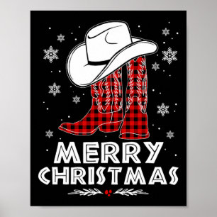 Poster Feliz Natal Botas de Cowboy Vermelho Xadrez Búfalo