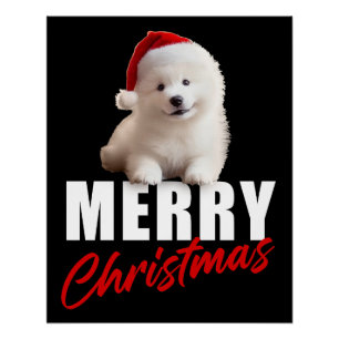 Pôster Feliz Natal Cachorro Samoyed Puppy com Papai Noel