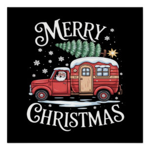 Pôster Feliz Natal Camping Fofo Papai Noel Caminhão Essen