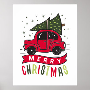 Poster Feliz Natal Carro Vermelho Árvore Feriados Xmas