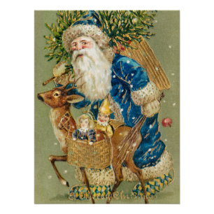 Pôster Feliz Natal, Cartão Antigo, Papai Noel e Rena