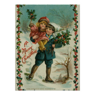 Pôster Feliz Natal - cartão postal retrô, crianças, azevi