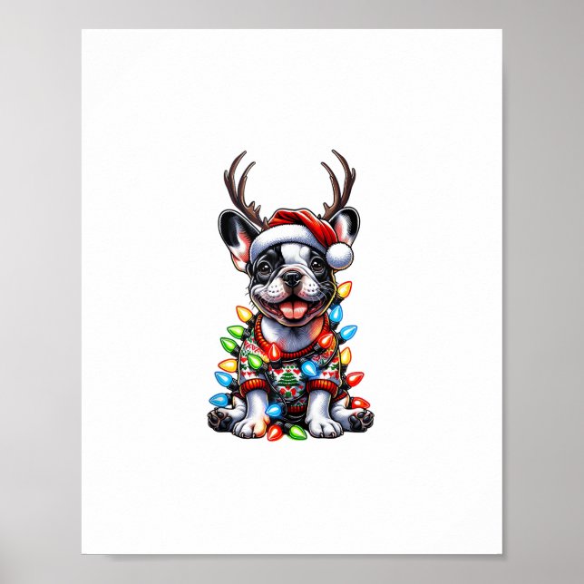 Poster Feliz Natal de Buldogue Francês Luz Santa Hat Rei (Frente)