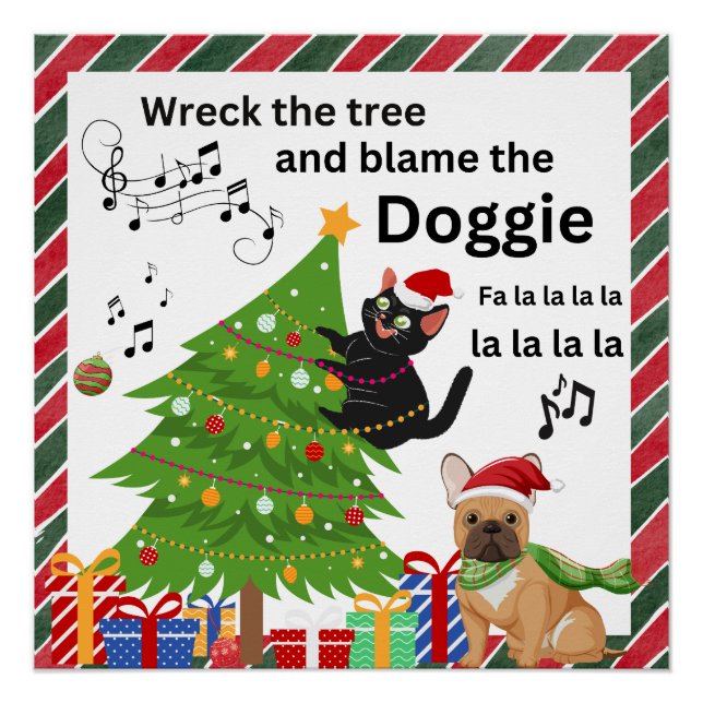 Pôster Feliz Natal De Gato Negro E Cachorro (Frente)