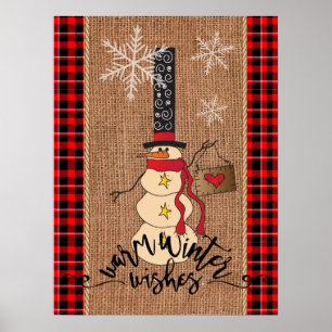 Poster Feliz Natal do boneco de neve com xadrez e