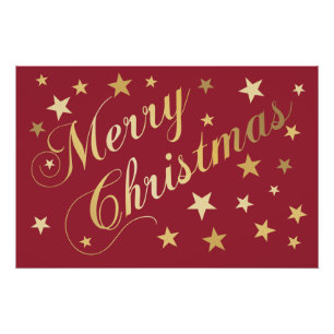 Pôster Feliz Natal Elegante Script Estrelas Douradas Verm
