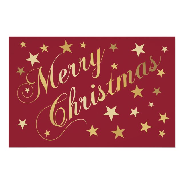 Pôster Feliz Natal Elegante Script Estrelas Douradas Verm (Frente)