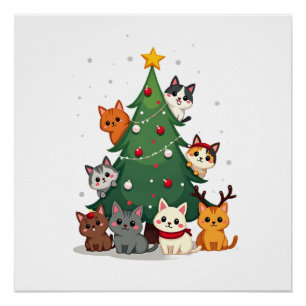 Pôster Feliz Natal Felino Árvore de Natal Engraçada, Gato