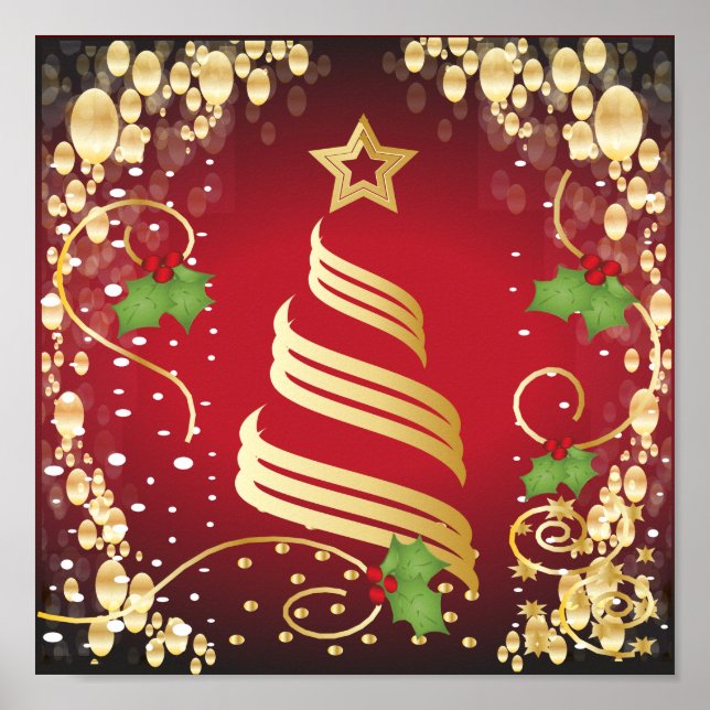Poster Feliz Natal Festivo Vermelho Brilhante e Dourado (Frente)