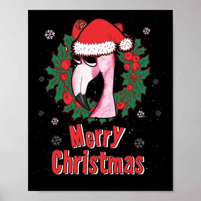 Poster Feliz Natal Flamingo Santa Hat Óculos de sol (Frente)