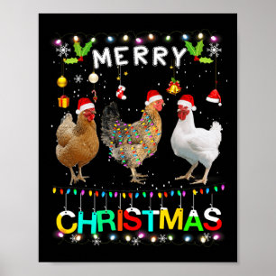 Poster Feliz Natal Galinha Santa Hat Luz Natal Divertido