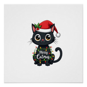 Pôster Feliz Natal Gato Gato Preto Luz de Natal Família