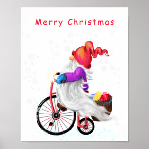 Poster Feliz Natal - Gnomo Engraçado com Bicicleta e Pre